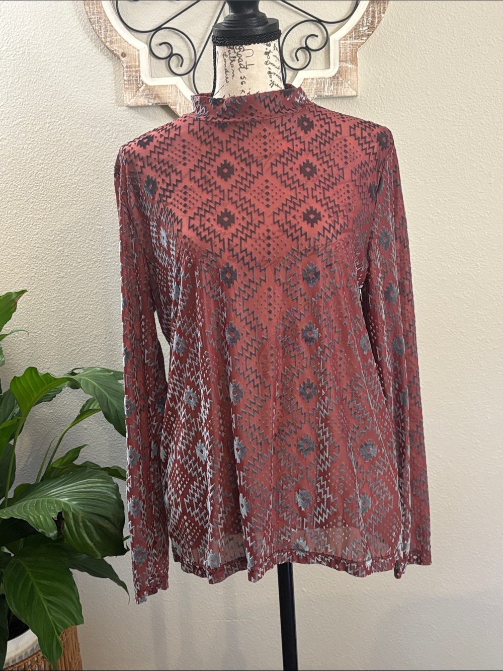 Sterling Kreek Lightweight Mock Neck Long Sleeve Top - Rust Geometric